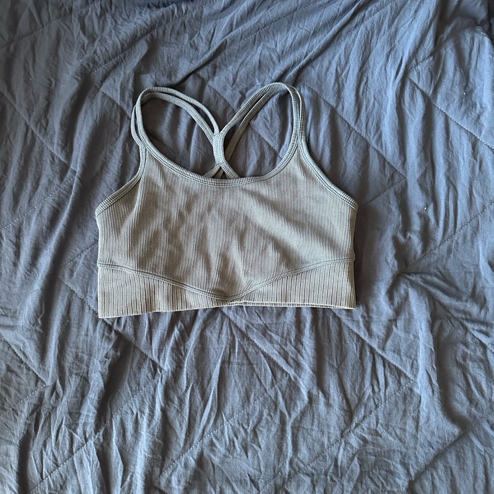 Blue Ribbed Cross-Back Sports Bra